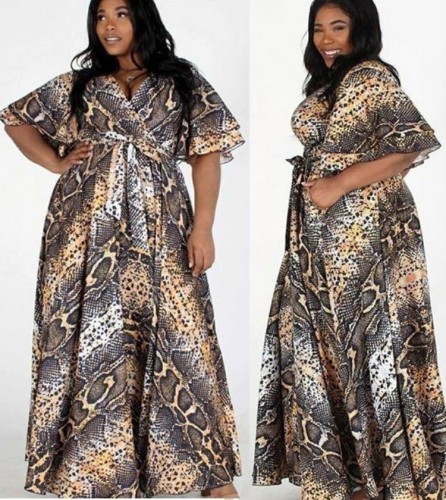 Wholesale Plus Size Snakeskin Wrap Long Maxi Dress with Short Sleeves