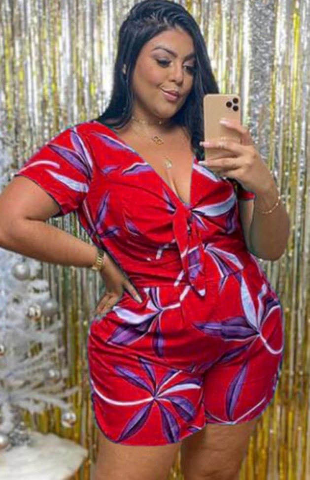 Plus Size Print Red V-Neck Tie Front Casual Rompers