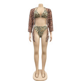 Leopard Print Bikini Set & Long Sleeve Cover Up 3PCS