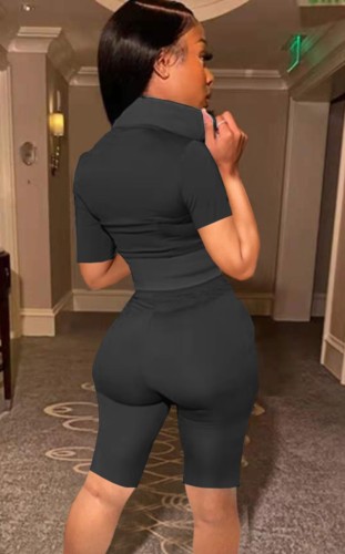 Black Sexy Tight Zipper Sleeveless Crop Top and Shorts 2PCS Set