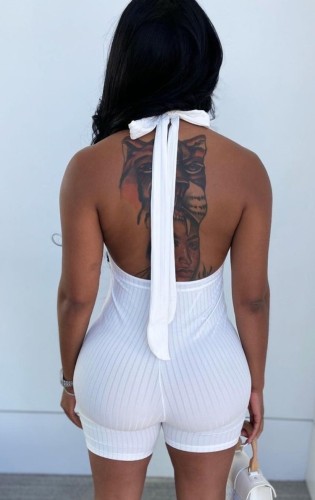 White Ribbed Sexy Deep-V Tight Rompers