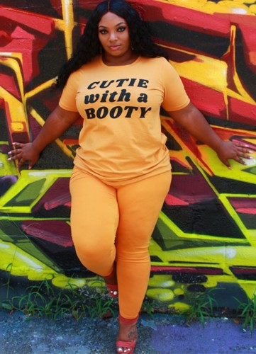Plus Size Casual Print Yellow Tee and Pants Set