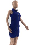 Plus Size Blue Zipper Sleeveless Mini Bodycon Dress