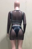 Sexy Black PU Leather and Mesh 3PCS Bikini Set