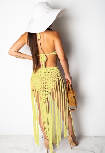 Beach Yellow Knit Fringe Halter Long Dress Cover-Up