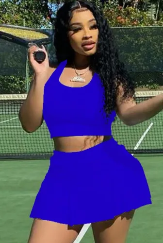 Sports Blue Crop Tank and Pleated Skirt 2PCS Set