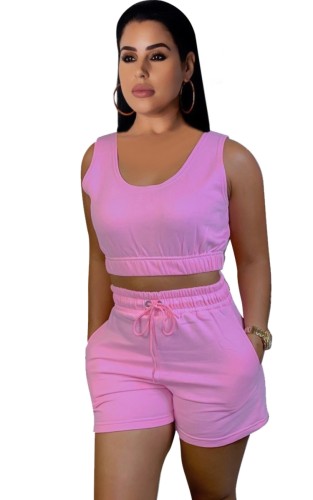 Casual Pink Short Tank and Sweat Shorts 2PCS Set