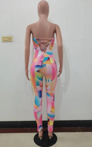 Geometric Colorful Sexy Strapless Bodycon Jumpsuit