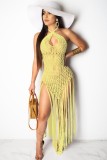 Beach Yellow Knit Fringe Halter Long Dress Cover-Up