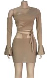 Khaki Hollow Out Sexy One Shoulder Sleeveless Crop Top & Mini Skirt Set