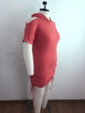 Plus Size Pink Cold Shoulder Side Drawstrings Hooded Dress