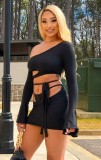 Black Hollow Out Sexy One Shoulder Sleeveless Crop Top & Mini Skirt Set