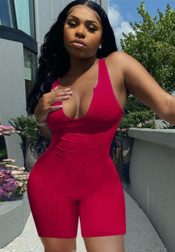 Red Sexy Ribbed Sleeveless Bodycon Rompers