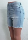 Stylish Lace Up Fringe Light Blue Denim Shorts