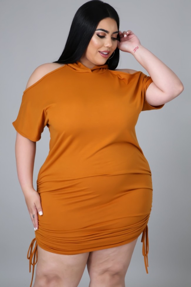 Plus Size Orange Cold Shoulder Side Drawstrings Hooded Dress