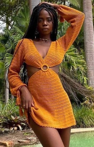 Orange Hollow Out O-Ring Knit Deep-V Mini Beach Dress with Full Sleeves