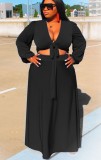 Plus Size Black Long Sleeve Tie Front Crop Top and Long Skirt Set