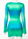 Gradient Hollow Out Long Sleeve Sexy Wrap Mini Dress