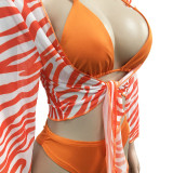 Print Zebra Bikini Set & Long Sleeve Cover Up 3PCS