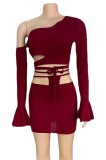 Burgunry Hollow Out Sexy One Shoulder Sleeveless Crop Top & Mini Skirt Set