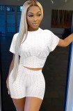 White Textured Casual Crop Top and High Waist Shorts Set