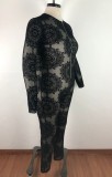 Plus Size Black Floral Long Sleeve Zip Up Bodycon Jumpsuit