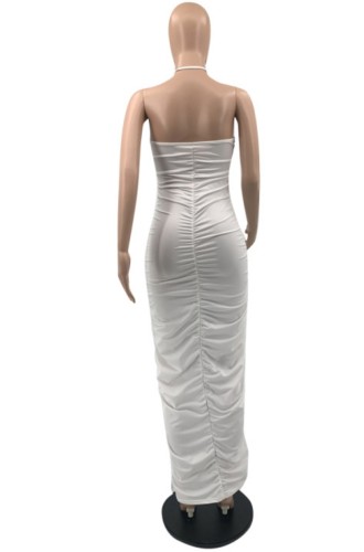 White Sexy Cut Out Ruched Halter Midi Dress