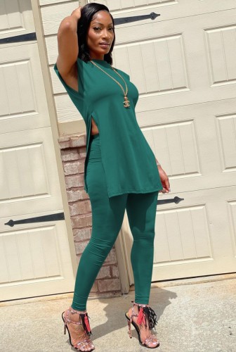 Casual Green Side Slit Long Top and Tight Pants Matching Set