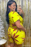 Plus Size Print Yellow V-Neck Tie Front Casual Rompers