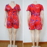Plus Size Print Red V-Neck Tie Front Casual Rompers