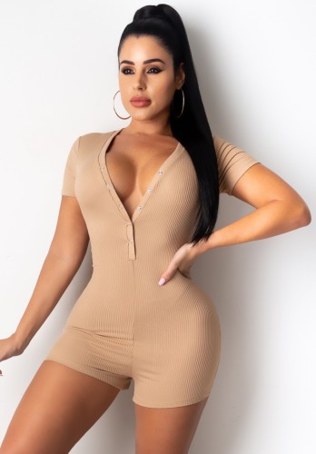 Wholesale Casual Khaki V Neck Ribbed Bodycon Rompers