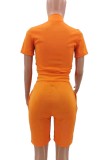Orange Sexy Tight Zipper Sleeveless Crop Top and Shorts 2PCS Set