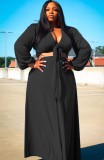 Plus Size Black Long Sleeve Tie Front Crop Top and Long Skirt Set