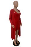 Red Bodycon Rompers with Long Cardigan