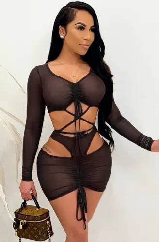 Black Drawstring Long Sleeve Crop Top and Mini Skirt Matching Set