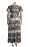 Wholesale Plus Size Snakeskin Wrap Long Maxi Dress with Short Sleeves