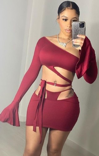 Burgunry Hollow Out Sexy One Shoulder Sleeveless Crop Top & Mini Skirt Set