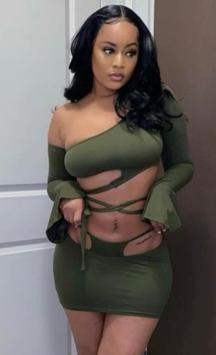 Green Hollow Out Sexy One Shoulder Sleeveless Crop Top & Mini Skirt Set
