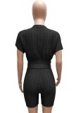Black Textured Casual Crop Top and High Waist Shorts Set