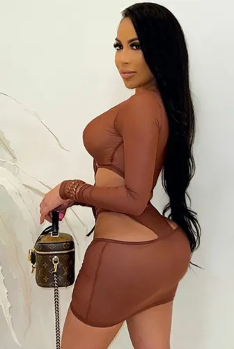 Brown Drawstring Long Sleeve Crop Top and Mini Skirt Matching Set