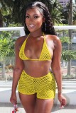 Yellow Fishnet 3PCS Bikini Set