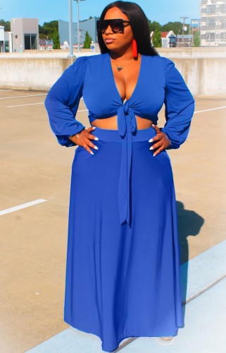 Plus Size Blue Long Sleeve Tie Front Crop Top and Long Skirt Set