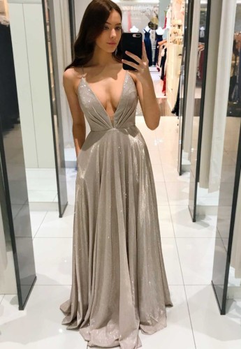 Formal Grey Deep-V Cami Evening Dress