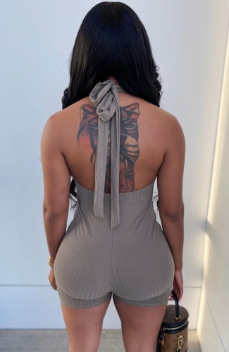 Grey Ribbed Sexy Deep-V Tight Rompers