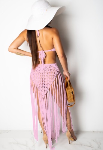 Pink Hollow Out Crochet Tassel Beach Dress Cover Up