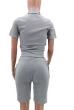 Grey Sexy Tight Zipper Sleeveless Crop Top and Shorts 2PCS Set