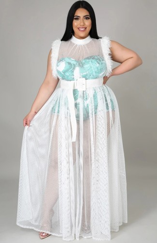 Plus Size White Mesh Patchwork Sleeveless Long Evening Dress