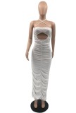White Sexy Cut Out Ruched Halter Midi Dress