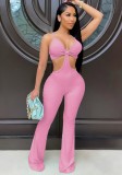 Pink Hollow Out Sexy Cami Flare Jumpsuit