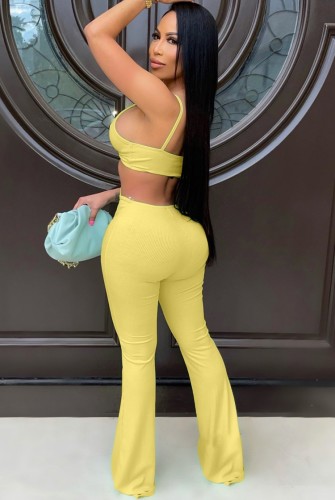 Yellow Hollow Out Sexy Cami Flare Jumpsuit